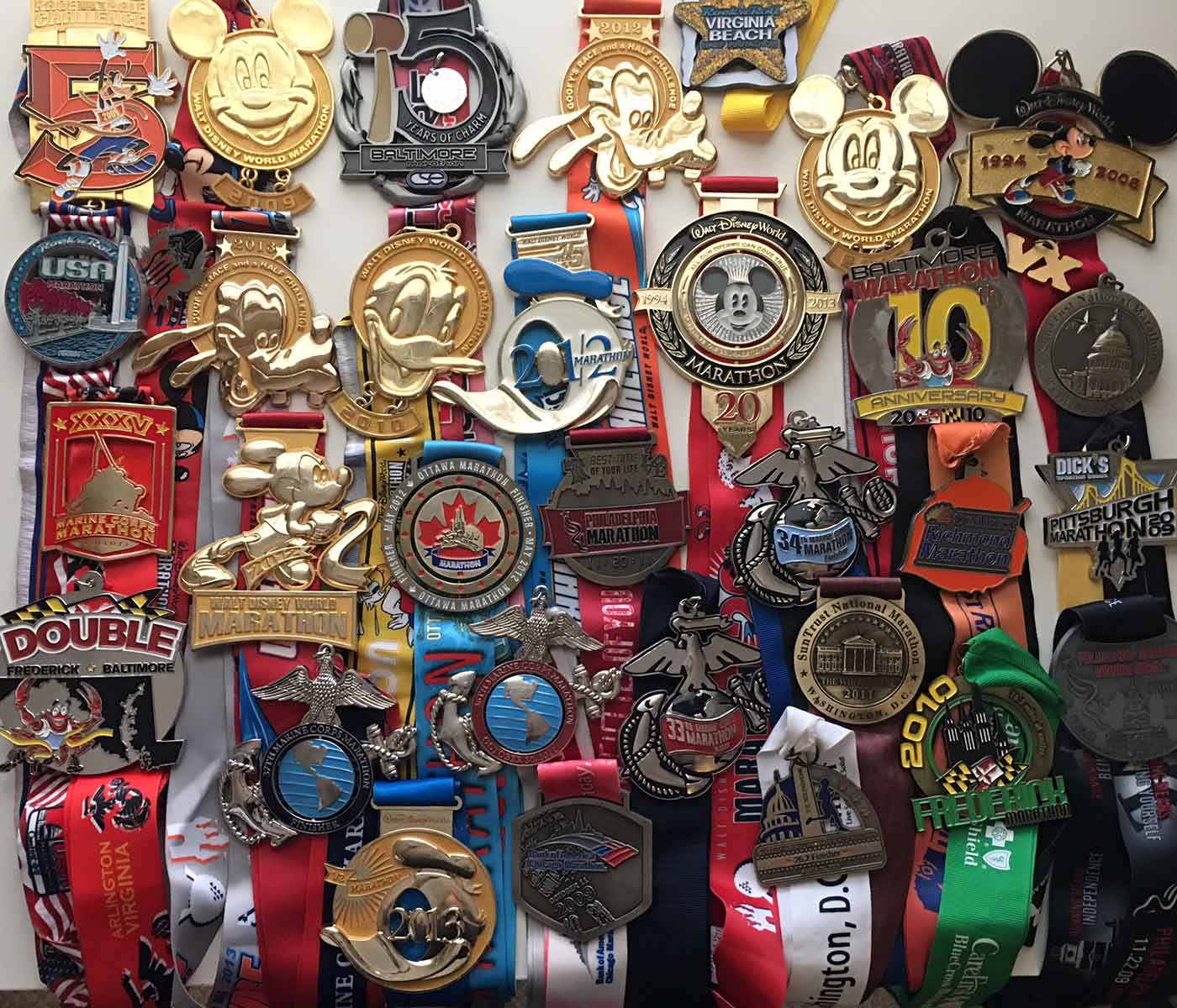 marathon, half marathon, and goofy medals