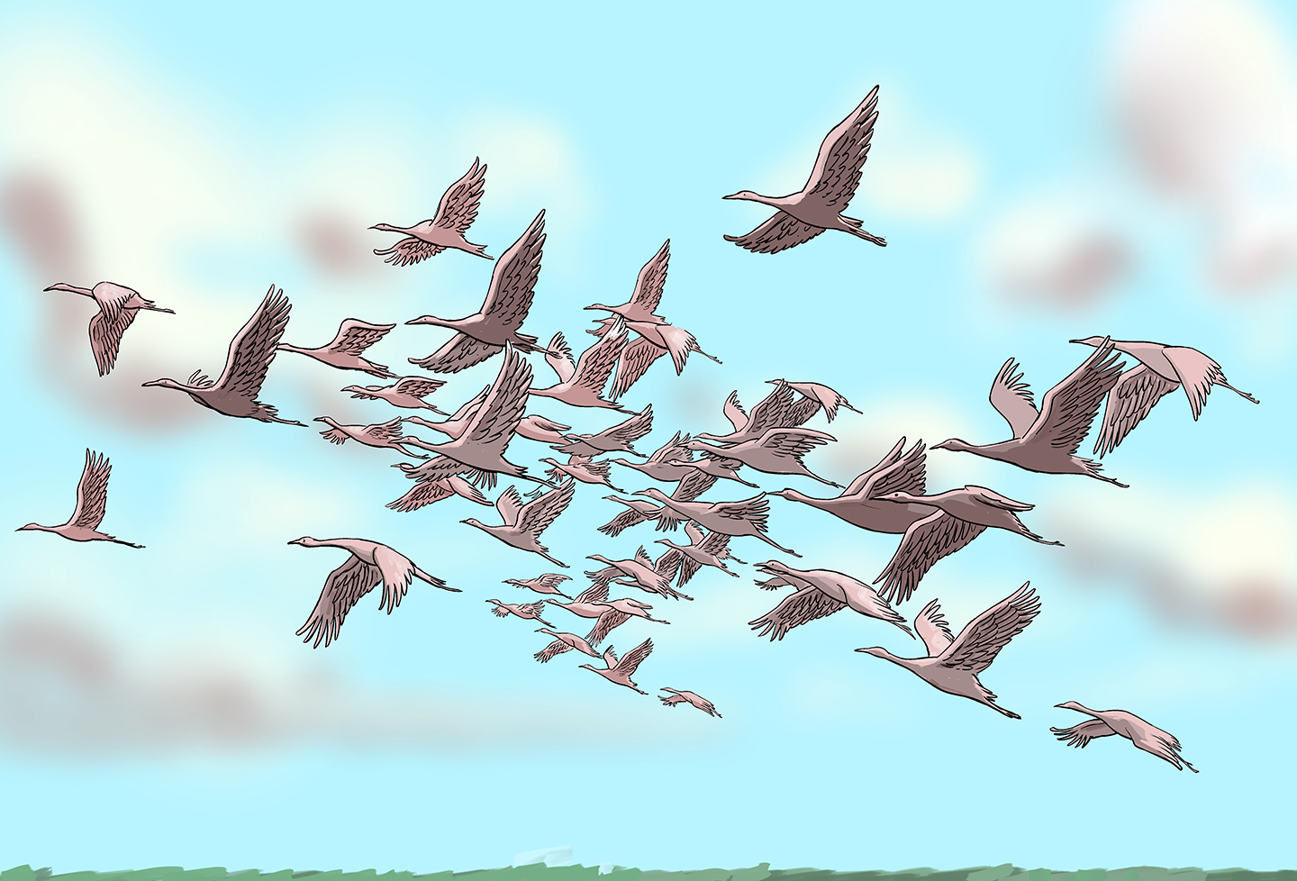 A large flock of identical flying cranes.
