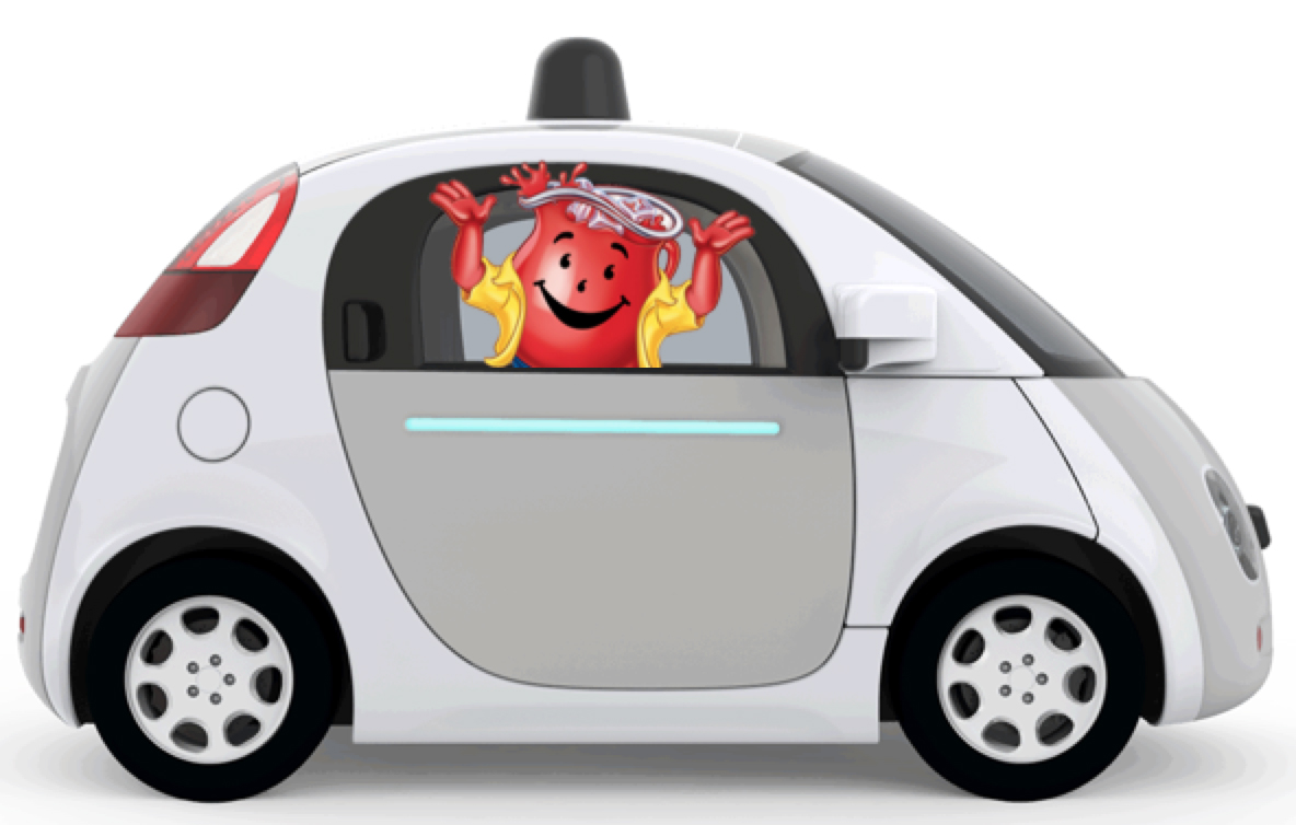 Mr. Kool-Aid Man in a Google Self-Driving Car