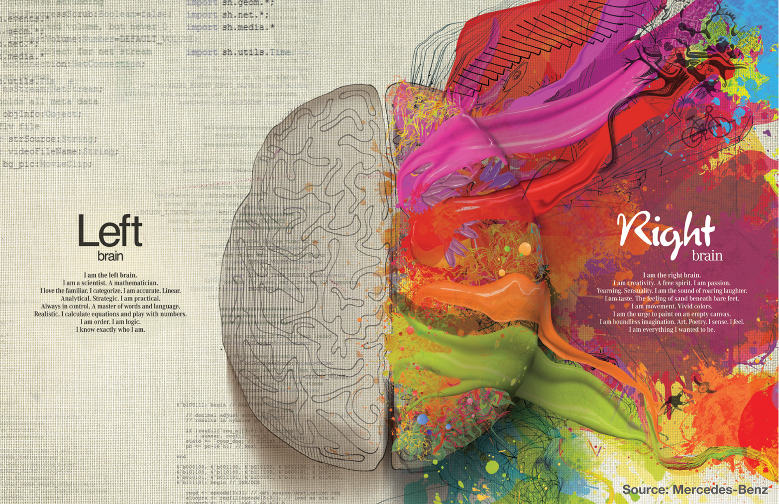 A Mercedes Benz ad showing the left and right brain