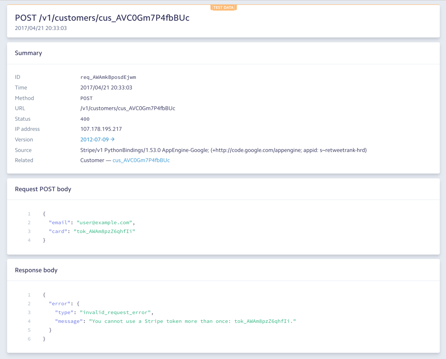 The Stripe API dashboard with request logs