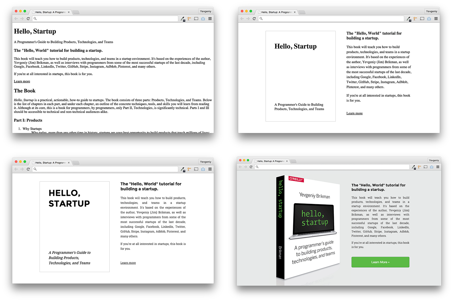 The progression of the hello-startup.net design.