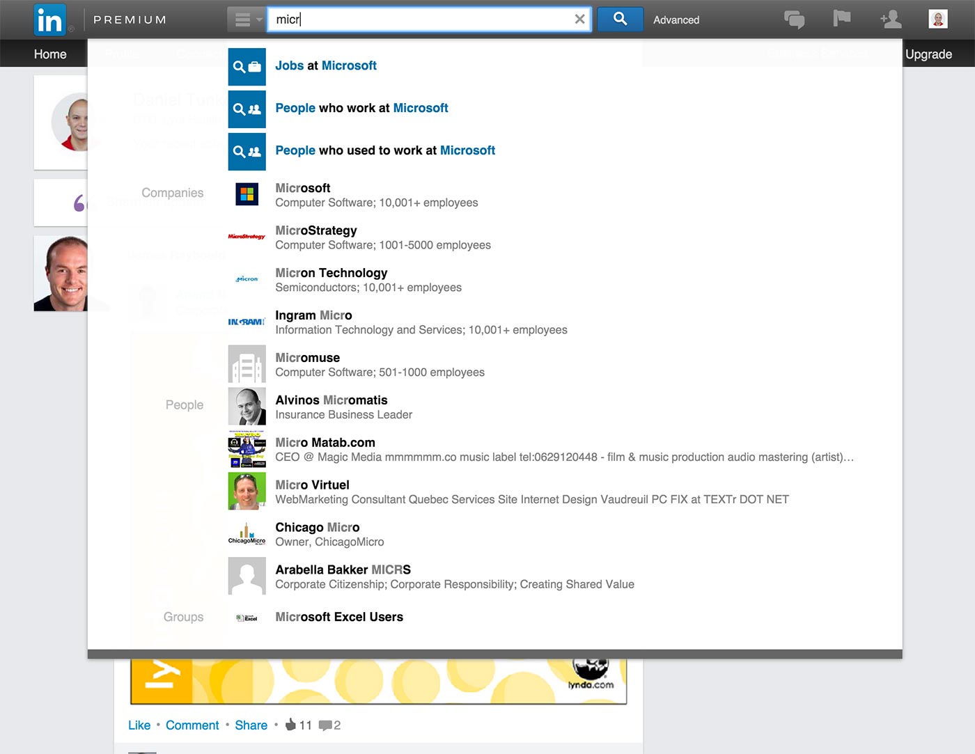 LinkedIn micr search box triggers.