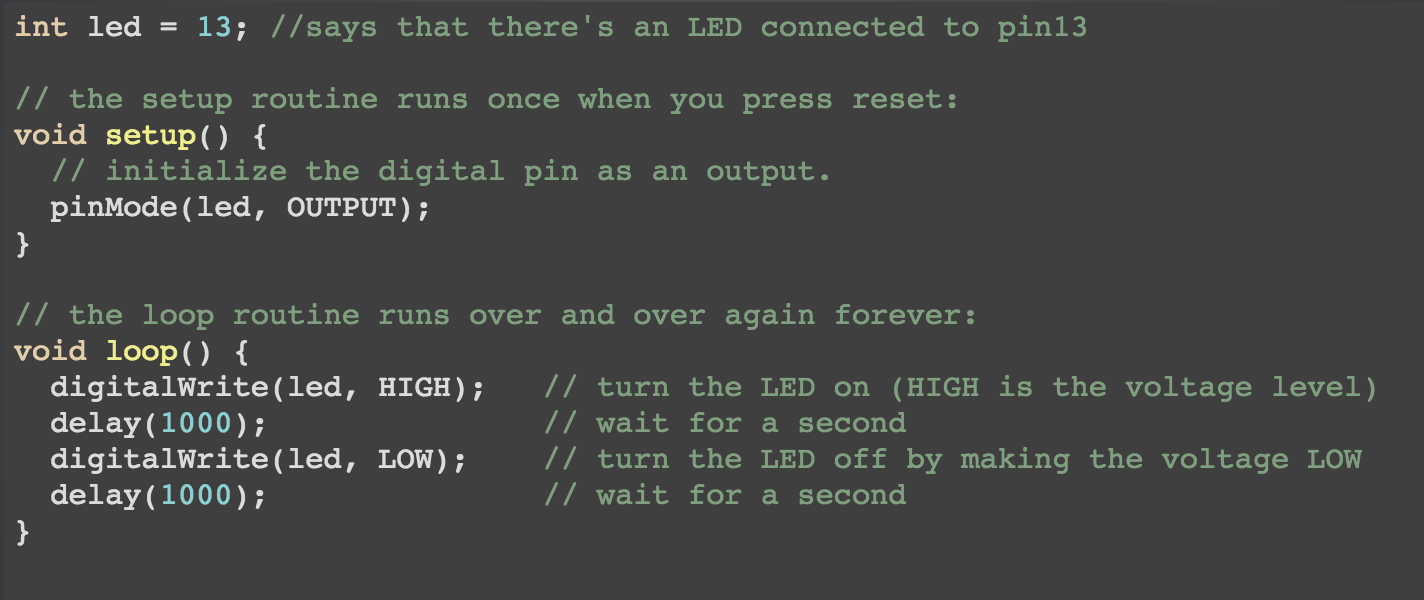 This code example will make an Arduino turn an LED light on and off