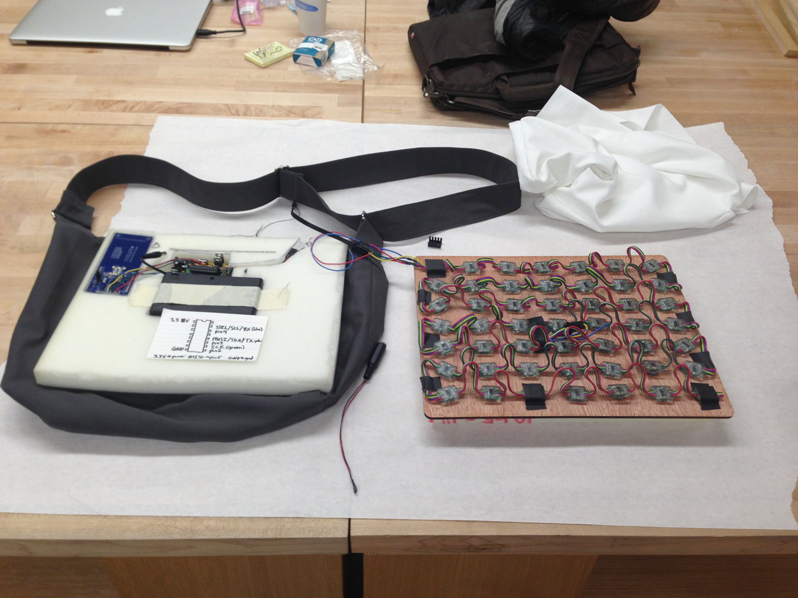 After testing individually, it's much easier to combine components together for a fully functional prototype; now I've added the LEDs to the RFID reader for my smart bag