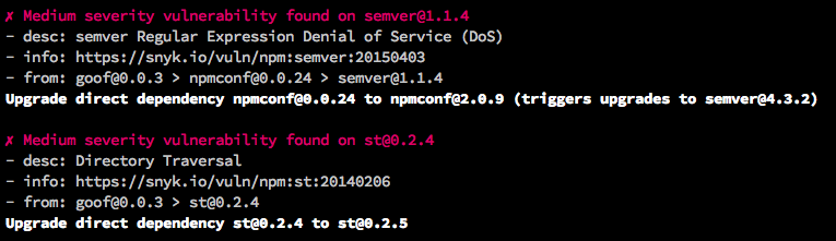A sample CLI test, showing discovered issues with metadata