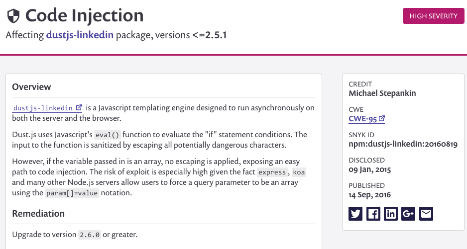 Example of a known vulnerability advisory
